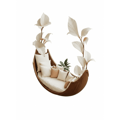 A striking modern organic daybed featuring a crescent-shaped wooden frame designed for suspension, adorned with large decorative white leaves that mimic natural foliage. The interior is lavishly fitted with thick, cream-colored upholstery and an array of matching and peach-toned throw pillows, creating a plush and inviting lounging space. A small live plant is also visible within the seating area. — 3D model (AI enhanced source)