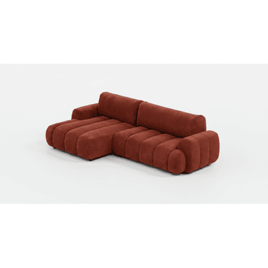 A modern sectional sofa featuring a distinct channel-tufted design in a rich terracotta-colored fabric. The sofa consists of at least two modular sections, forming an L-shape with a chaise component. Its form is characterized by soft, rounded edges and horizontal channeling across the seat, back, and armrests, giving it a plush, voluminous appearance. The fabric appears to be a textured, perhaps bouclé or chenille, adding to its inviting aesthetic. The piece rests close to the ground, contributing to its low-profile, contemporary design. — 3D model (AI enhanced source)
