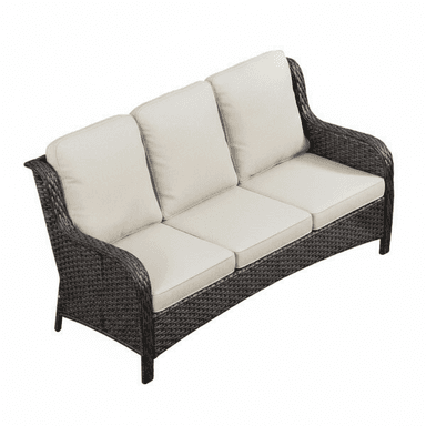 A three-seater outdoor sofa featuring a dark brown synthetic wicker frame and light beige fabric cushions. — 3D model (AI enhanced source)