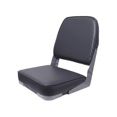A utilitarian folding boat seat featuring a dark gray padded seat and backrest, supported by a light gray metal frame. The backrest is hinged to fold flat onto the seat for compact storage. — 3D model (AI enhanced source)