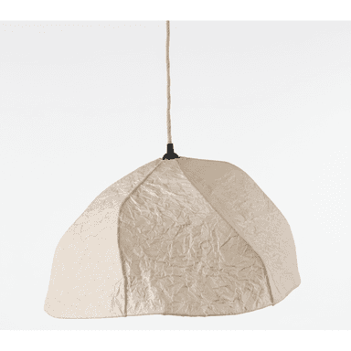 A contemporary pendant light featuring an irregularly shaped, organic dome-like shade made from highly textured, crumpled light beige or cream fabric. The shade is suspended by a visible braided rope cord, connected to a small black ceiling mount or fixture at the top. The overall design emphasizes natural textures and a soft, sculptural form. — 3D model (AI enhanced source)