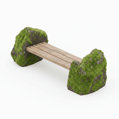 An outdoor bench composed of three wooden planks forming the seat, supported by two large, moss-covered natural stone blocks as legs. — 3D model (AI enhanced source)