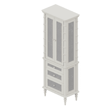 A tall, off-white storage cabinet featuring a two-door upper section and three drawers below. The doors and drawers have recessed panels with a grey woven or mesh insert. The frame is adorned with decorative bamboo-style vertical elements. The cabinet stands on four turned bun feet. — 3D model (AI enhanced source)