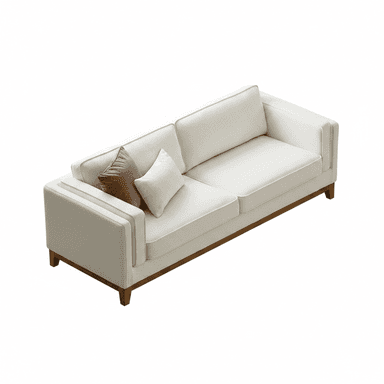 A modern three-seater sofa upholstered in a light cream-colored fabric with a subtle textured pattern. It features straight, clean lines with wide, rectangular arms and backrest, and two large seat cushions. The sofa rests on a recessed wooden base with four tapered wooden legs, providing a slight elevation. Two accent pillows, one in a solid cream and the other in a warm brown, are placed on the left side of the sofa. — 3D model (AI enhanced source)