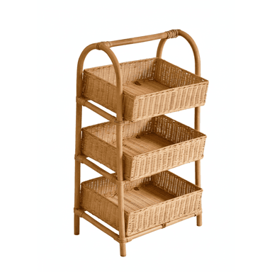 A three-tiered storage unit constructed primarily from natural rattan and woven wicker. The frame is made of curved and straight rattan poles, creating three levels, each holding a rectangular woven wicker basket. The top of the unit features an integrated arched handle, suggesting portability. The overall aesthetic is natural and bohemian, with a light brown, natural finish. — 3D model (AI enhanced source)