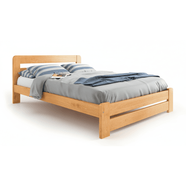 A modern platform bed frame crafted from light-toned solid wood, featuring a minimalist design with a slatted headboard and footboard. The frame is dressed with gray bedding, striped pillows, and a blue throw blanket. — 3D model (AI enhanced source)