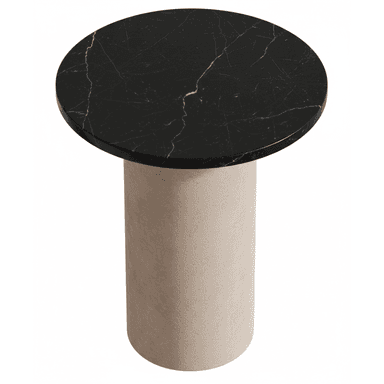 A contemporary round pedestal table featuring a polished black marble top with white veining, supported by a thick cylindrical base with a textured, light beige finish, likely plaster or concrete. — 3D model (AI enhanced source)