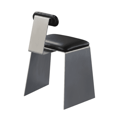 An armless chair with a minimalist design, featuring a bent metal frame in a matte silver finish and a black faux leather upholstered seat and a small backrest. — 3D model (AI enhanced source)