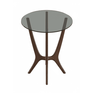 A modern side table featuring a round, smoked glass top supported by a three-legged wooden base. The dark wood legs splay outwards from a central, organically shaped support. — 3D model (AI enhanced source)