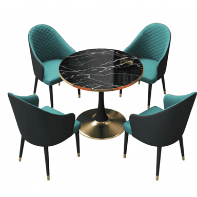 A modern dining set featuring a round black marble-top table with a central gold pedestal base, accompanied by four contemporary armchairs. The chairs are upholstered in a vibrant teal fabric on the seat and inner back, with the backrest being diamond-quilted. The outer shell of the chairs is a smooth dark material, and they stand on slender black legs with gold-tipped feet. — 3D model (AI enhanced source)
