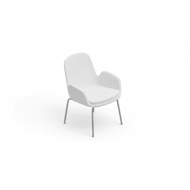 A modern white armchair featuring a sculpted polypropylene shell with a soft padded seat, supported by slender metal legs. The design is contemporary and minimalist, with integrated armrests. — 3D model (AI enhanced source)
