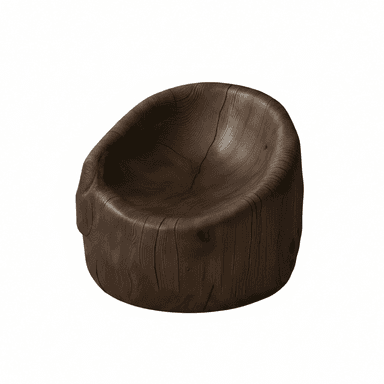 A single, organically shaped chair carved from a solid piece of dark wood. The chair has a rounded, bowl-like seat and a low backrest integrated into the main form. The exterior is cylindrical and robust, showcasing prominent wood grain and natural cracks, indicative of a tree trunk or large log. The design emphasizes natural form and material. — 3D model (AI enhanced source)