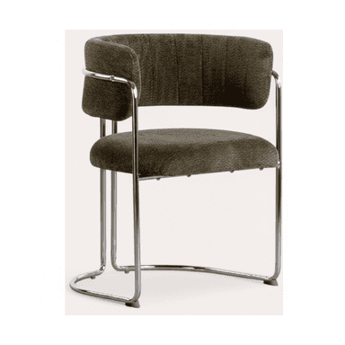 An upholstered armchair featuring a curved back and seat covered in a dark, textured olive-green fabric, supported by a continuous tubular chrome frame that forms both the cantilevered base and open armrests. The backrest has subtle vertical stitching. — 3D model (AI enhanced source)