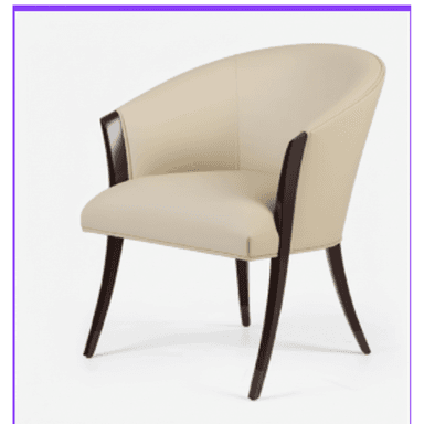 A contemporary armchair featuring a curved barrel-back design, upholstered in a light cream or beige material, and supported by tapered dark brown wooden legs with metallic caps. — 3D model (AI enhanced source)