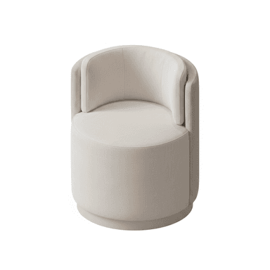 A contemporary barrel lounge chair featuring a fully upholstered, rounded form with a high backrest seamlessly integrating into armrests, covered in a light neutral-toned textile fabric, and resting on a discreet, recessed circular base. — 3D model (AI enhanced source)
