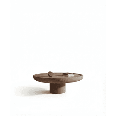 A low, round coffee table made of wood, featuring a thick, smooth tabletop with a subtly raised edge, supported by a cylindrical pedestal base with vertical fluting. The finish is a natural, warm brown wood tone. — 3D model (AI enhanced source)