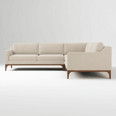 An L-shaped sectional sofa featuring light-colored fabric upholstery and an exposed dark wood base with tapered legs. The design is modern and minimalist, composed of multiple upholstered sections. — 3D model (AI enhanced source)