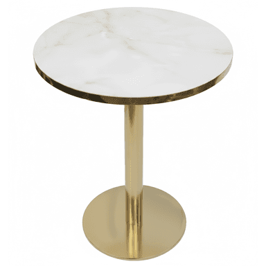 A round accent table featuring a white marble top with natural veining and a polished gold-finished metal pedestal base. — 3D model (AI enhanced source)