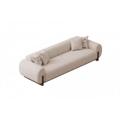 A contemporary, low-profile sofa featuring light beige textured fabric upholstery and distinctive rounded armrests. The sofa is supported by a recessed dark wooden base, visible as accent elements at the ends. It includes several throw pillows, some matching the sofa's fabric and others with a subtle patterned design. — 3D model (AI enhanced source)