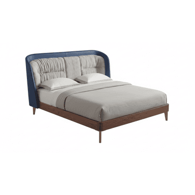 A modern bed featuring a distinctive two-tone upholstered headboard with a rich blue curved outer border and a light grey ruched fabric central panel. The bed frame is constructed from dark wood, possibly walnut, with four tapered legs. — 3D model (AI enhanced source)