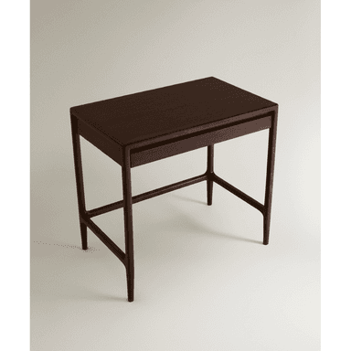 A minimalist dark wood writing desk featuring a rectangular top, a single shallow drawer, and four tapered legs connected by a stretcher base. — 3D model (AI enhanced source)