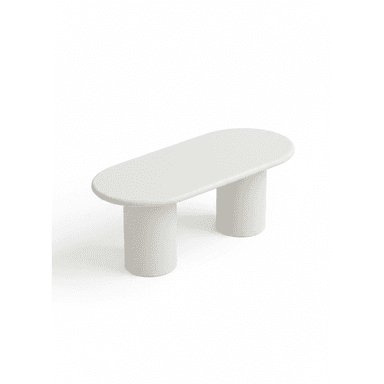 A minimalist, light gray oval coffee table featuring a monolithic design with a rounded tabletop supported by two cylindrical legs. — 3D model (AI enhanced source)