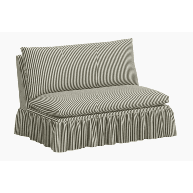 An armless chair upholstered in a striped fabric. The chair features a cushioned seat and a slightly reclined backrest. A prominent skirt with vertical pleats extends from the seat base to the floor, covering the legs. — 3D model (AI enhanced source)