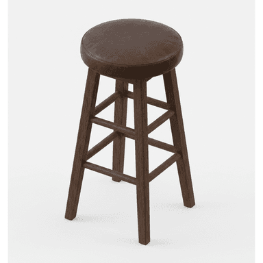 A tall, round bar stool featuring a dark brown wooden frame and a circular, padded seat upholstered in a matching dark brown material, likely faux leather. The four splayed legs are reinforced with multiple horizontal stretchers that double as footrests. — 3D model (AI enhanced source)