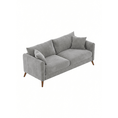 A modern two-seater loveseat, upholstered in a light grey fabric, featuring two plush seat cushions, two generous back cushions, and two smaller decorative throw pillows. It has straight, integrated arms and stands on four slender, tapered wooden legs, contributing to a contemporary and airy aesthetic. — 3D model (AI enhanced source)