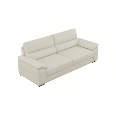 This is a modern two-seater sofa upholstered in cream-colored leather, featuring clean lines and a minimalist design. It has two distinct seat cushions and two backrests, each with an integrated adjustable headrest for personalized comfort. The arms are wide and flat, adding to its contemporary profile. The sofa sits on low-profile, dark block feet, giving it a sturdy and grounded appearance. — 3D model (AI enhanced source)