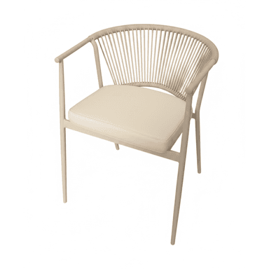 A contemporary armchair featuring a slender, cream-colored frame and a distinctive curved backrest made from vertically strung synthetic rope. It includes a removable, light-colored seat cushion. — 3D model (AI enhanced source)