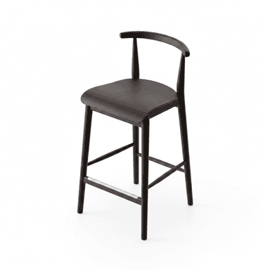 A contemporary bar stool featuring a dark stained wooden construction, including a round seat, four splayed legs, and a low curved backrest that subtly integrates into armrests. A horizontal metal bar serves as a footrest on the front. — 3D model (AI enhanced source)