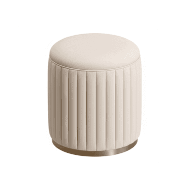 A modern, cylindrical upholstered ottoman featuring vertical fluting around its body and a smoothly padded, flat top. It rests on a polished brass-toned metallic base, presenting a luxurious and contemporary aesthetic. — 3D model (AI enhanced source)