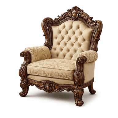 A luxuriously ornate armchair characterized by its deeply carved dark wood frame and lavish upholstery. The backrest features extensive button tufting in a light beige, smooth fabric, while the seat and armrests are upholstered in a complementary beige and gold patterned fabric. The exposed wood frame exhibits intricate scrollwork, floral motifs, and curvaceous lines typical of Baroque or Rococo revival styles, extending from the crest of the back to the splayed, carved legs. — 3D model (AI enhanced source)