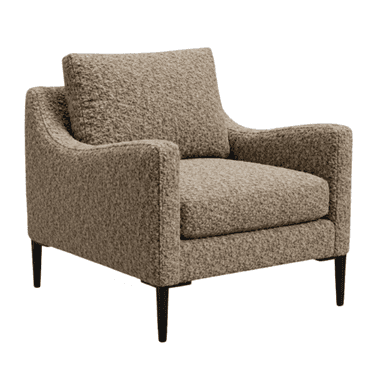 A contemporary armchair featuring full upholstery in a textured boucle-style fabric. It has a boxy silhouette with wide, upholstered armrests and a loose back cushion. The chair is supported by four slender, tapered black legs. — 3D model (AI enhanced source)
