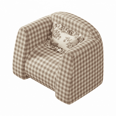 An upholstered armchair featuring a beige and brown gingham pattern, with a rounded barrel-style back and integrated arms. It includes a decorative toss pillow with a floral print and ruffled edges. — 3D model (AI enhanced source)