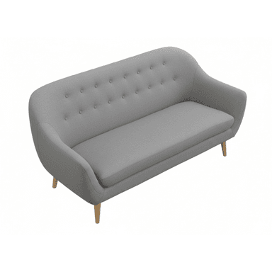 A contemporary loveseat upholstered in grey fabric, featuring a gracefully curved silhouette, button tufting on the backrest, and tapered wooden legs. It has a single, elongated seat cushion and fixed, rounded arms. — 3D model (AI enhanced source)