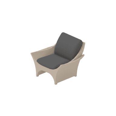 A modern lounge chair featuring a singular, molded resin frame in a light beige or cream color, complemented by dark grey fabric cushions. The chair has a distinctive, gently curved profile with integrated armrests and a slightly reclined back, designed for comfort and relaxation. Its legs are also part of the continuous molded structure, creating a sleek and stable base. — 3D model (AI enhanced source)