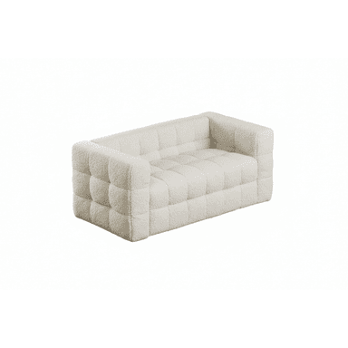 A contemporary two-seater loveseat upholstered in an off-white boucle fabric, featuring deep tufting across its seat, backrest, and integrated armrests. The design is characterized by its clean, rectangular lines and a plush, textured appearance. — 3D model (AI enhanced source)