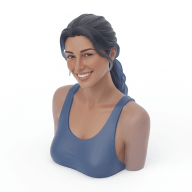 A digital rendering of a stylized female bust, depicting the head, shoulders, and upper torso of a young woman with a smiling expression, freckles, and dark hair in a ponytail, wearing a blue scoop-neck top. — 3D model (AI enhanced source)