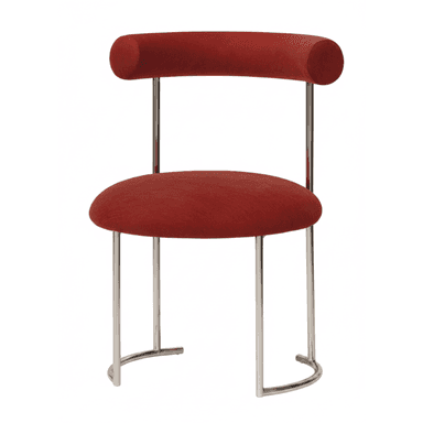 A contemporary armless side chair featuring a distinctive red upholstered circular seat and a cylindrical, padded backrest. The frame is constructed from polished chrome or stainless steel, forming a sled-style base with two vertical supports extending to hold the backrest. — 3D model (AI enhanced source)
