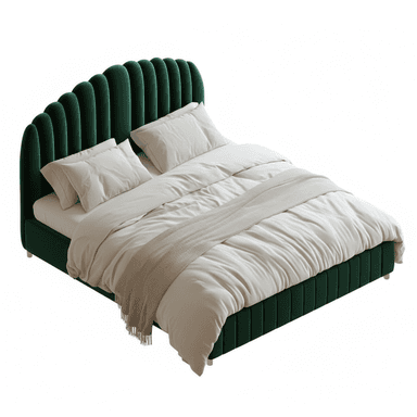 An emerald green velvet upholstered bed featuring a distinctive scalloped headboard with vertical channel tufting. The bed base also features matching vertical tufting. It is presented with white bedding, two white pillows, and a light beige knitted throw blanket. The bed rests on short, golden-finished legs. — 3D model (AI enhanced source)