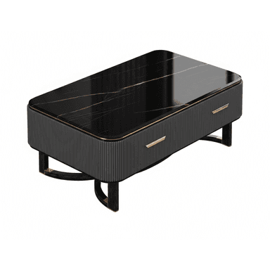 A rectangular coffee table featuring a polished black marble top with delicate gold veining. The body of the table is dark, possibly black wood, with distinct fluted or reeded paneling on the long sides. It incorporates two drawers, indicated by gold-toned bar handles. The table rests on a unique base composed of two dark-toned, possibly wood or metal, curved elements with gold-toned accents, providing a modern and sophisticated aesthetic. — 3D model (AI enhanced source)