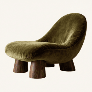An armless lounge chair with a distinct sculptural, organic form, upholstered in olive green velvet fabric. The chair features a low-profile design and is supported by four robust, tapered legs made of dark-finished wood. The upholstery shows soft folds and texture, emphasizing the chair's curved silhouette. — 3D model (AI enhanced source)