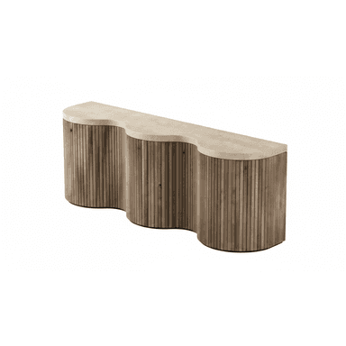 An elongated console table featuring a distinctive wavy silhouette. The base is constructed from vertical fluted wooden panels, creating a textured surface that follows the table's organic curves. The top surface is a contrasting light-toned, likely stone composite or textured concrete, material. The design emphasizes natural materials and fluid forms, suitable for contemporary or organic modern interiors. — 3D model (AI enhanced source)