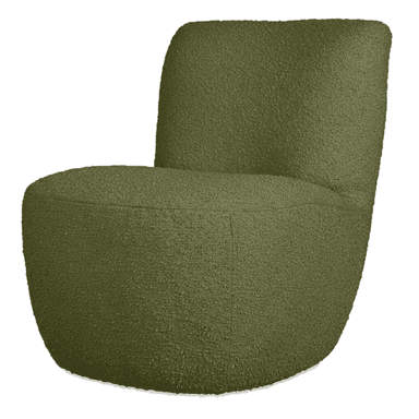 A contemporary armless lounge chair upholstered in a textured olive green boucle fabric. The chair features a low-profile design with a rounded, organic silhouette, where the seat and backrest form a continuous, gently curved form. Its minimalist design emphasizes comfort and soft, inviting aesthetics. — 3D model (AI enhanced source)