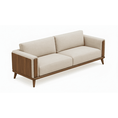 A contemporary or mid-century modern style sofa with an exposed dark wood frame and light beige fabric upholstery. The sofa features two seat cushions and two back cushions, giving it a two-seater configuration. The wooden frame is visible along the base, sides, and across the back, with integrated, slightly rounded armrests. It stands on four tapered wooden legs. — 3D model (AI enhanced source)