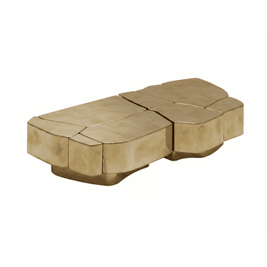 A modern, irregularly shaped coffee table constructed from multiple geometric segments that fit together like a puzzle. The surface has a textured, almost faceted appearance, with rounded edges on the side panels and a slightly elevated base. — 3D model (AI enhanced source)