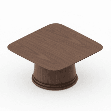 A modern, square coffee table made of dark wood, likely walnut. It features a thick, rounded top with softly curved corners, supported by a substantial cylindrical pedestal base. The base includes two subtle, concentric rings near its bottom. — 3D model (AI enhanced source)