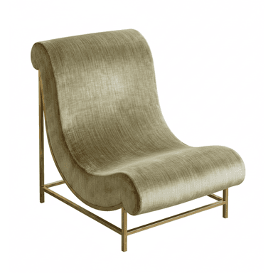 A modern lounge chair featuring a continuous, curved form upholstered in muted olive green velvet, supported by a minimalist gold-toned metal frame. — 3D model (AI enhanced source)